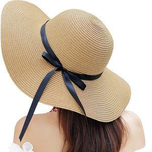 Sun Hat Summer Women Wide Brim Straw Khaki